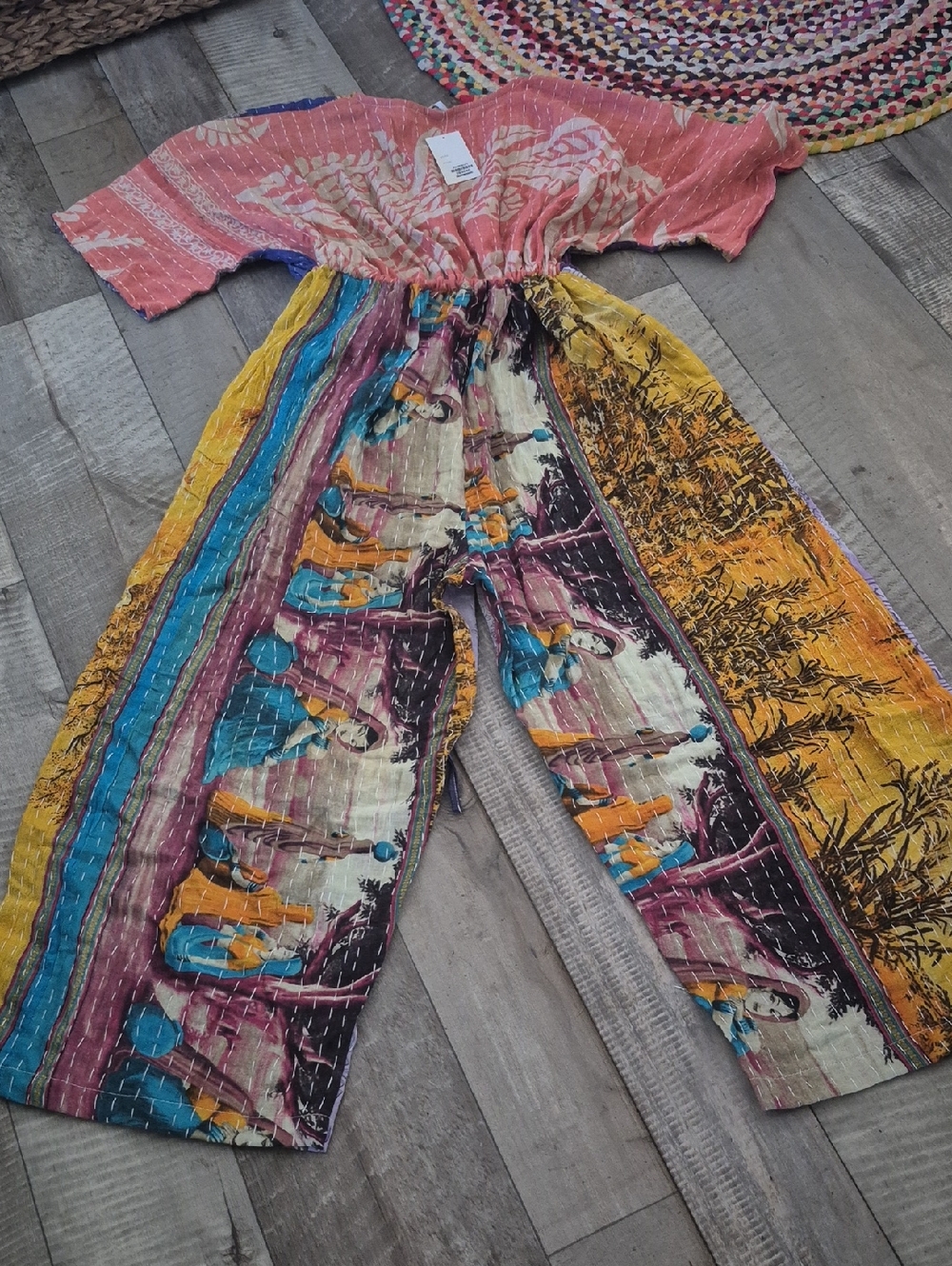 Custom High Quality Kantha Bohemian Patchwork Wide-Leg Jumpsuit Adjustable NWT - Picture 7 of 11